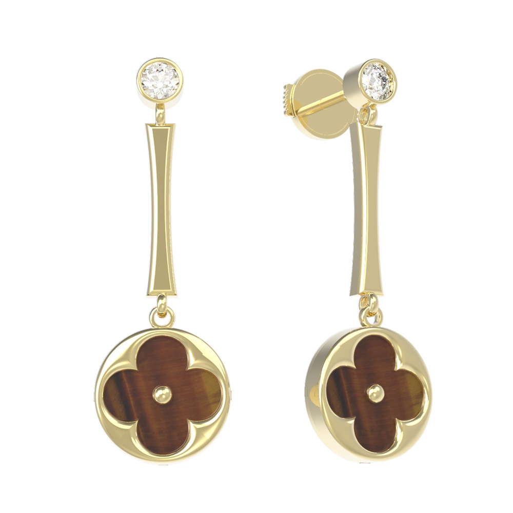 Серьги из лимонного золота 585 пробы c фианитом и тигровым глазом