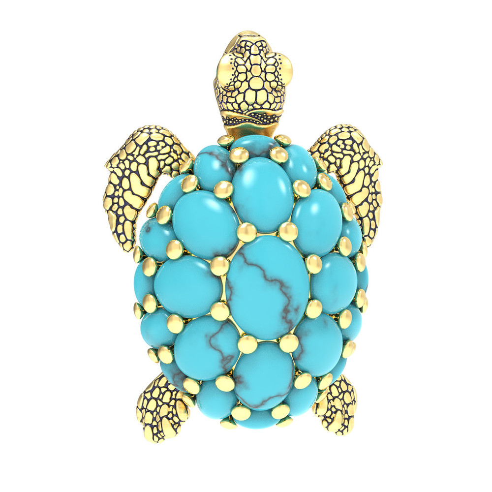 Брошь-подвеска из лимонного золота 585 пробы c эмалью и бирюзой