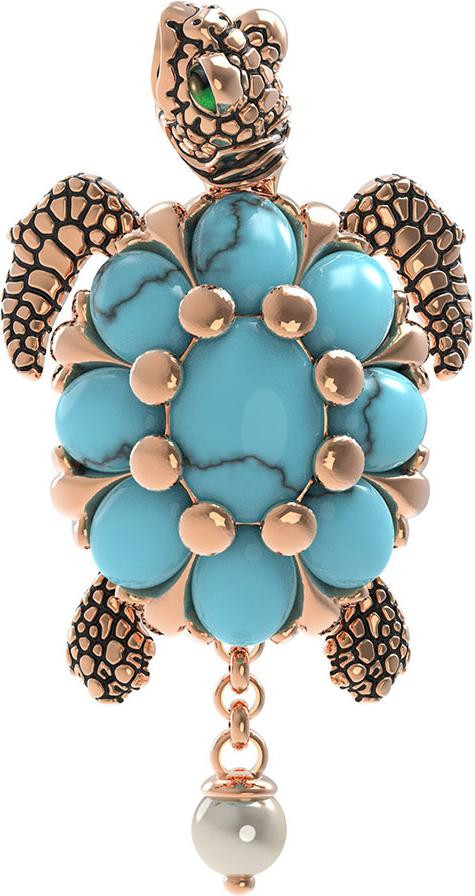 Подвеска из красного золота 585 пробы c эмалью, жемчугом и бирюзой