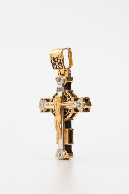 Крест из красного золота 585 пробы c эмалью и эбеновым деревом