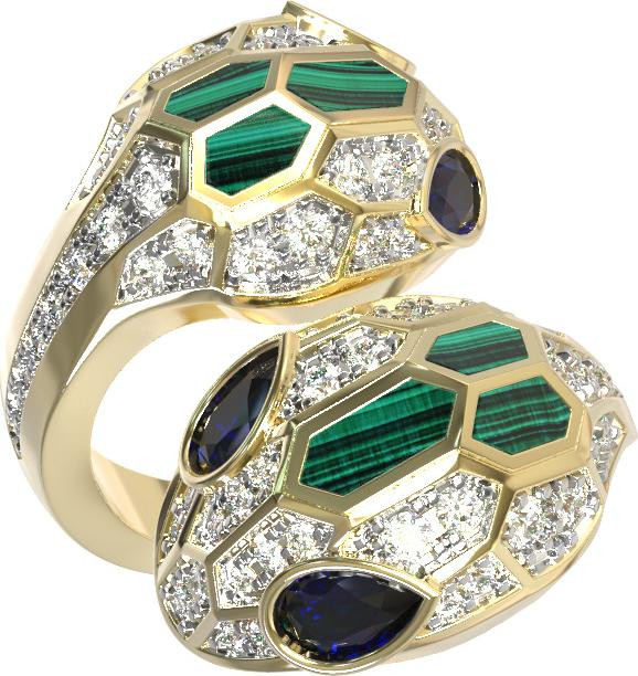 Кольцо из лимонного золота 585 пробы c бриллиантами, сапфиром и малахитом