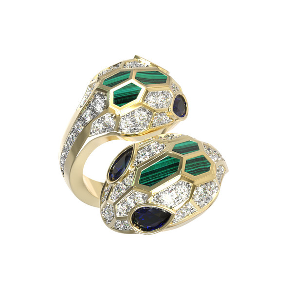 Кольцо из лимонного золота 585 пробы c бриллиантами, сапфиром и малахитом