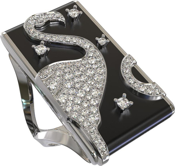 Кольцо из белого золота 585 пробы c бриллиантами и ониксом