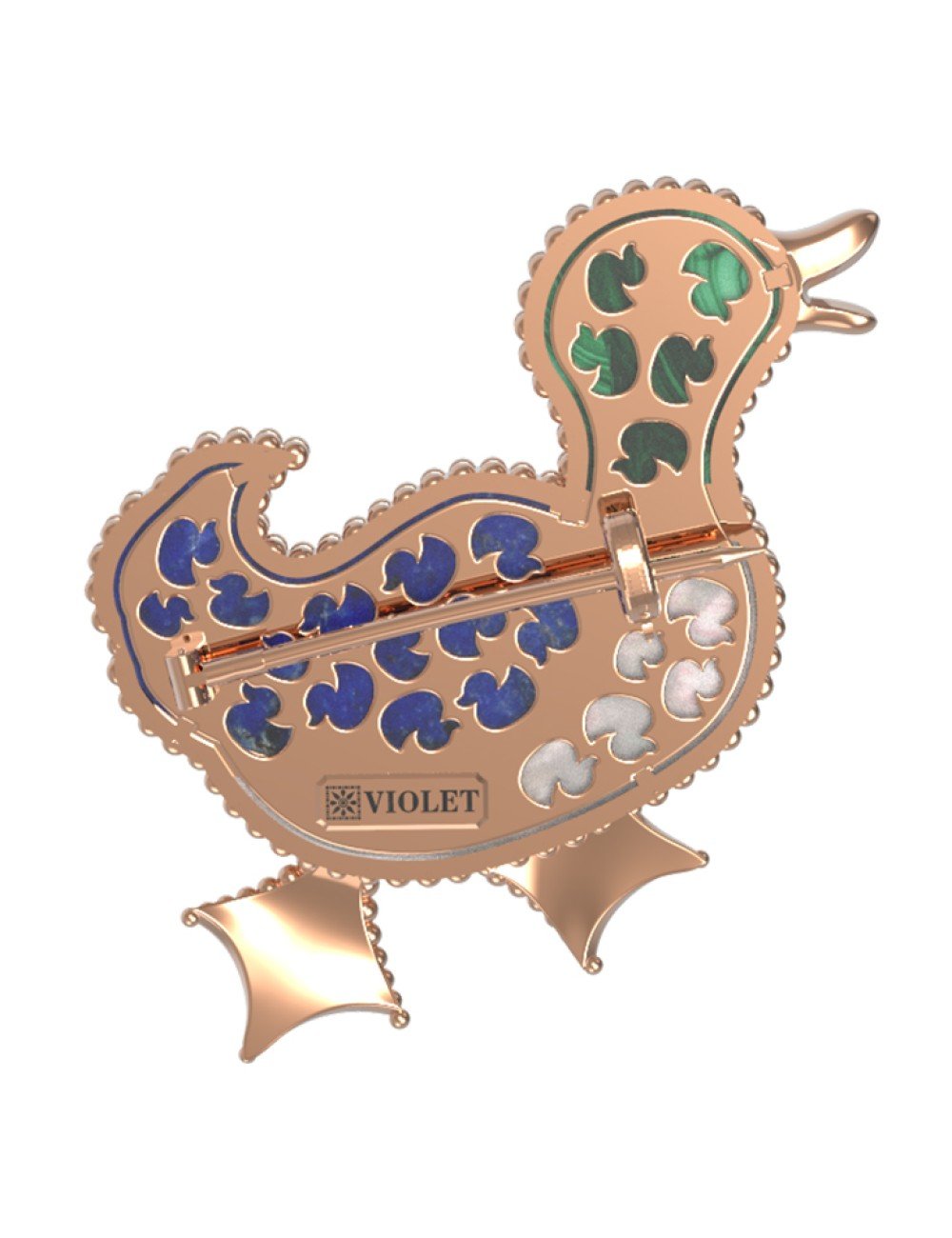 Брошь из золота c эмалью, лазуритом, малахитом и перламутром