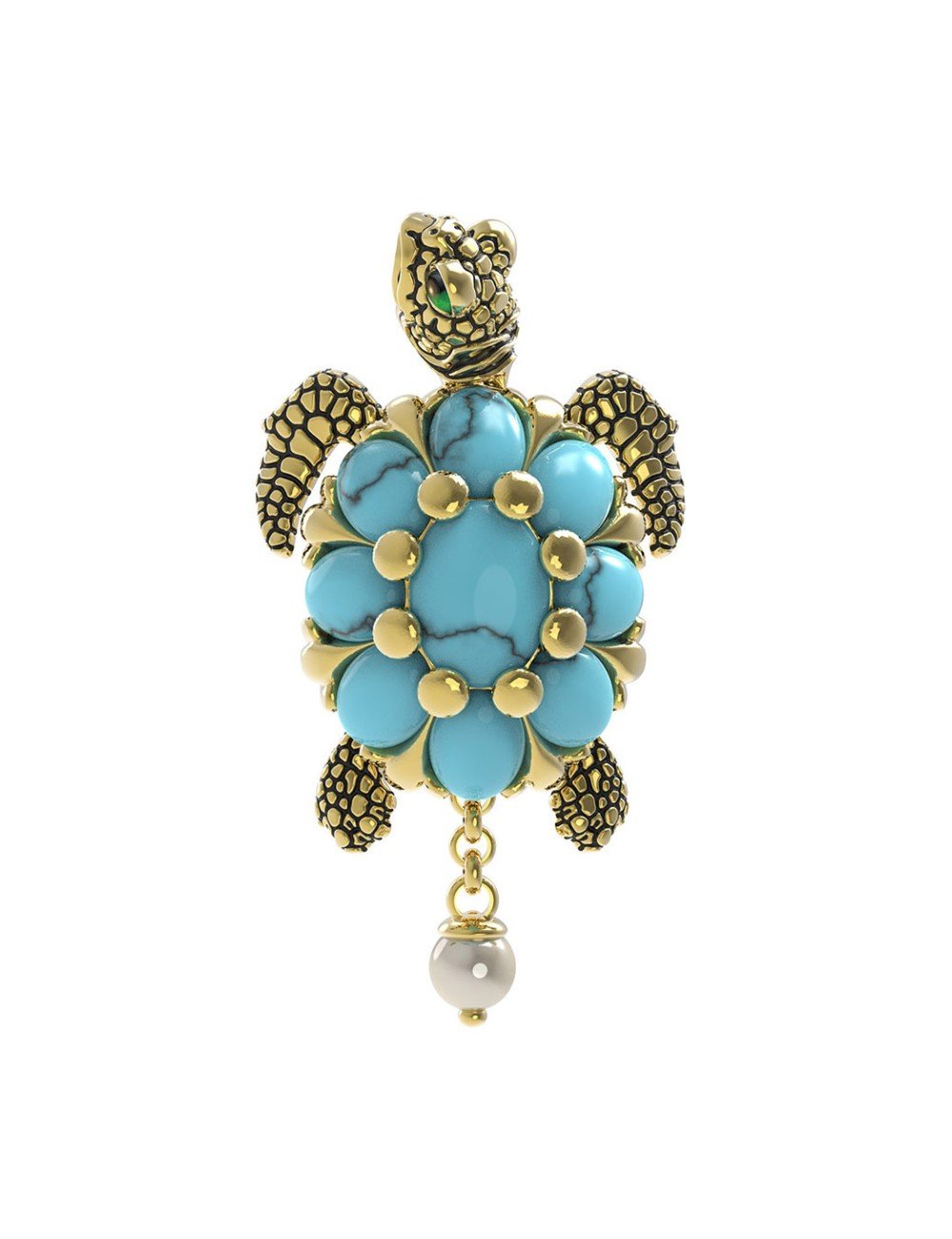 Подвеска из лимонного золота c эмалью, жемчугом и бирюзой