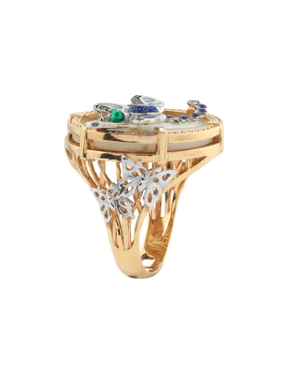 Кольцо из золота c сапфиром, эмалью и перламутром