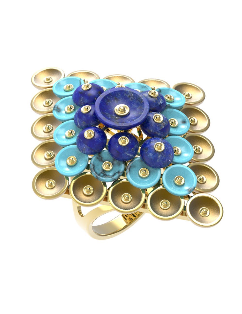 Кольцо из лимонного золота c бирюзой и лазуритом