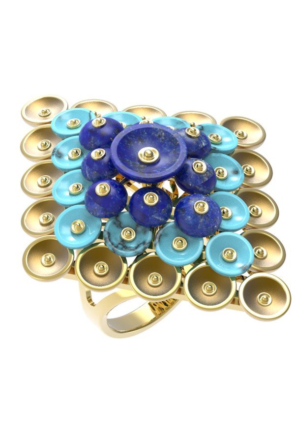 Кольцо из лимонного золота c бирюзой и лазуритом