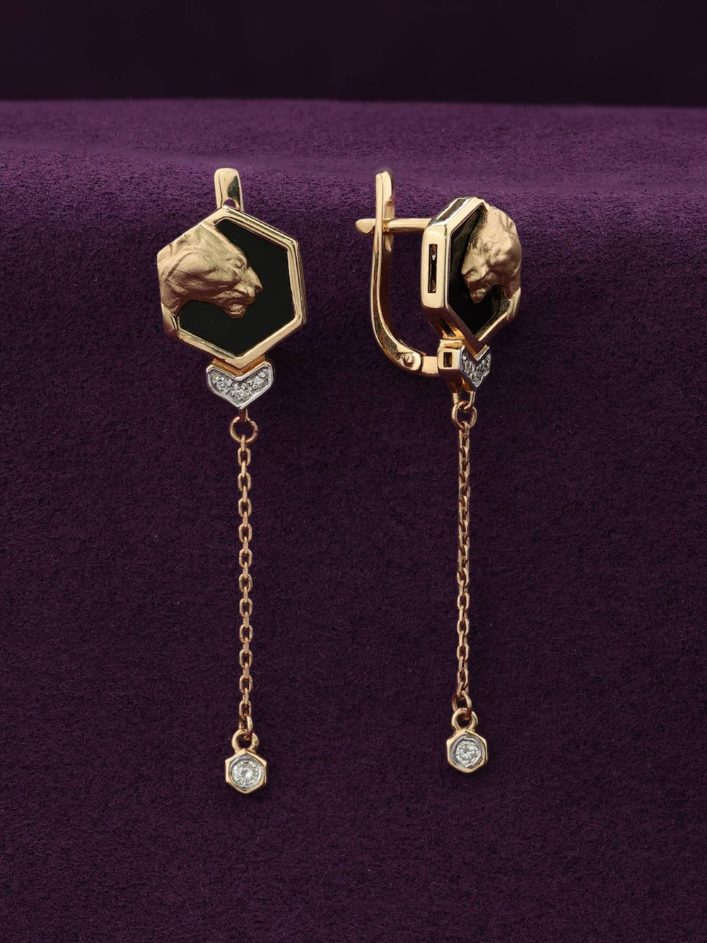 Серьги из красного золота 585 пробы c бриллиантами и ониксом