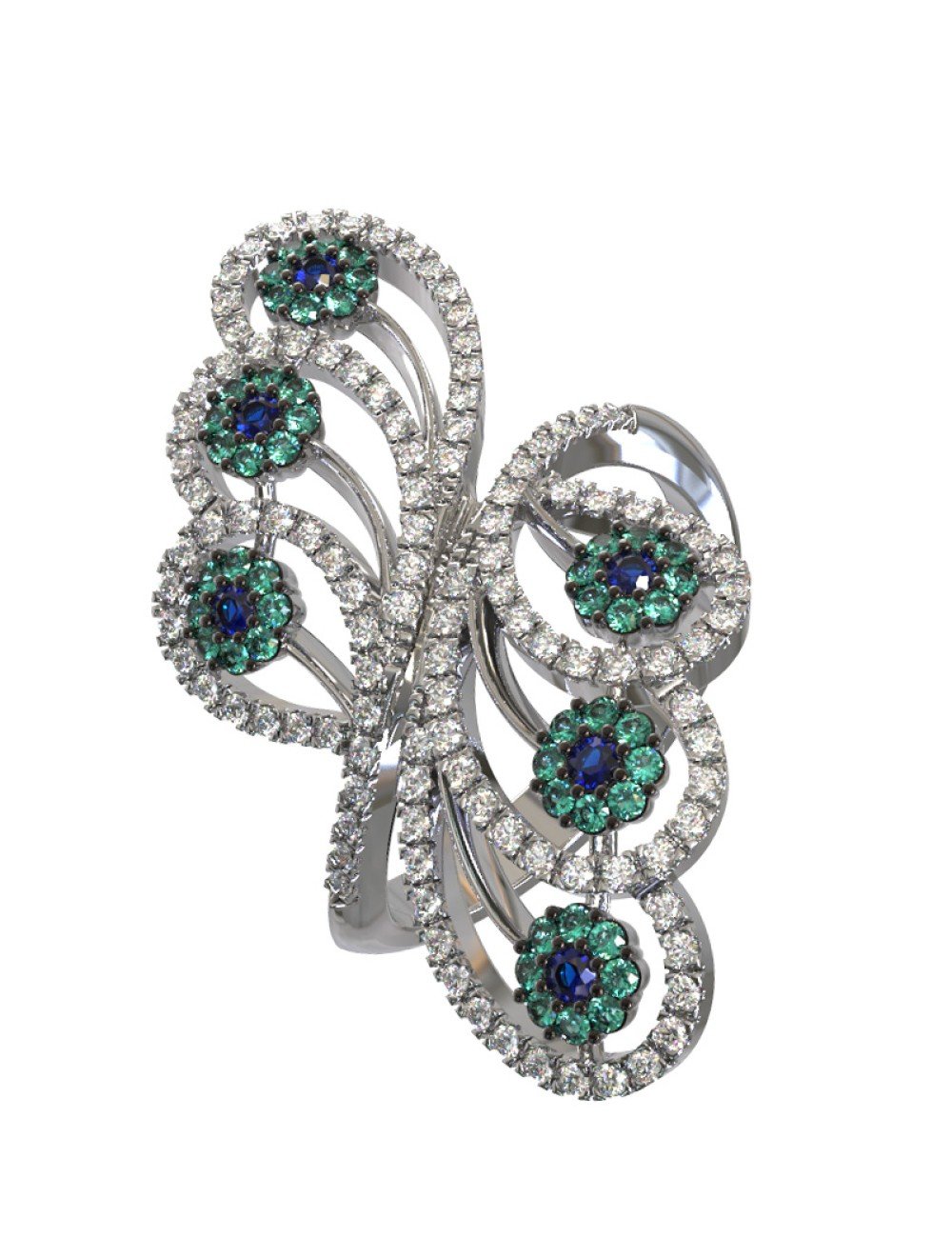 Кольцо из белого золота c бриллиантами, сапфиром и изумрудом