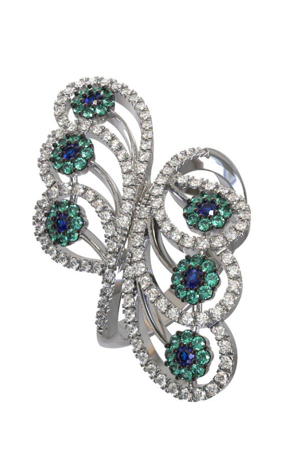 Кольцо из белого золота c бриллиантами, сапфиром и изумрудом