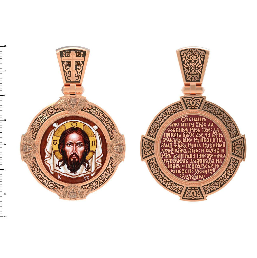 Нательная икона из красного золота 585 пробы c эмалью, иконописью и темперой