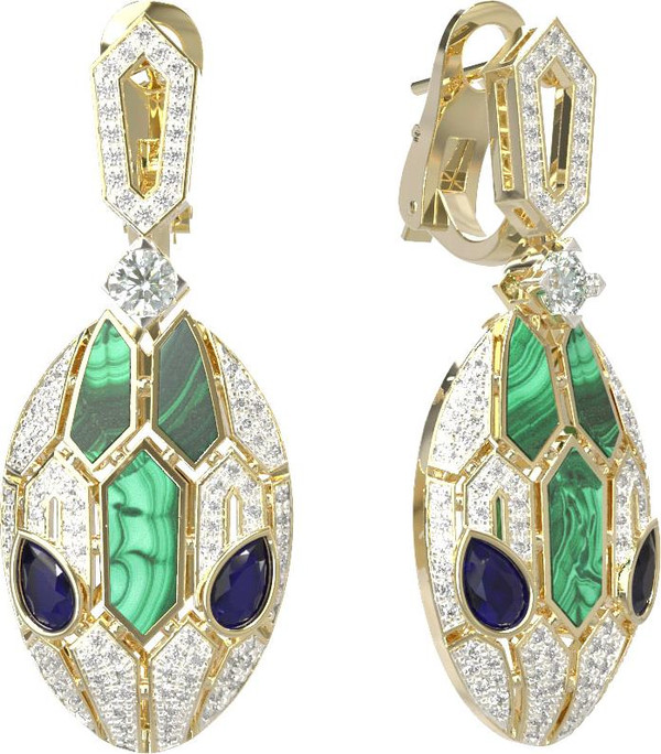 Серьги из лимонного золота 585 пробы c бриллиантами, сапфиром и малахитом