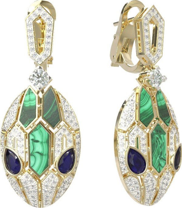 Серьги из лимонного золота c бриллиантами, сапфиром и малахитом