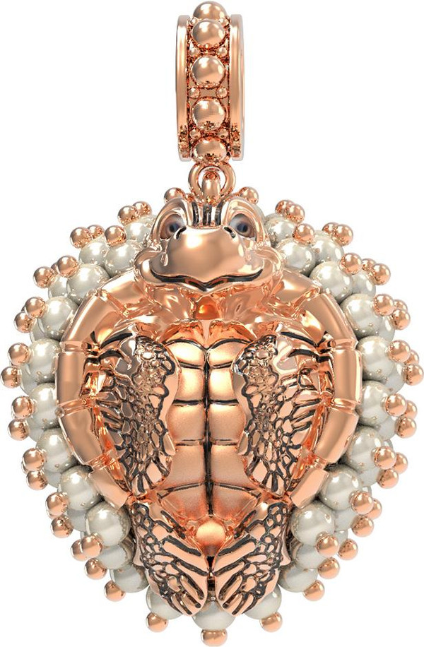 Подвеска из красного золота 585 пробы c эмалью и жемчугом