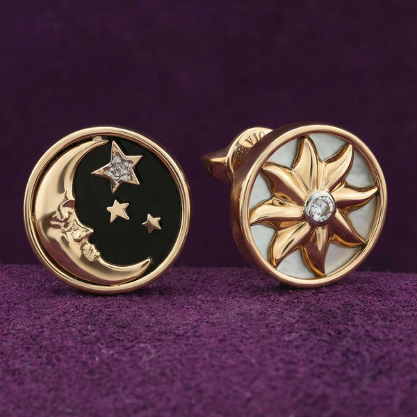 Серьги из красного золота 585 пробы c бриллиантами, ониксом и перламутром