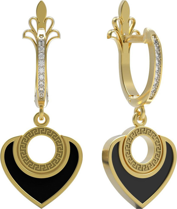 Серьги из лимонного золота 585 пробы c фианитом и ониксом