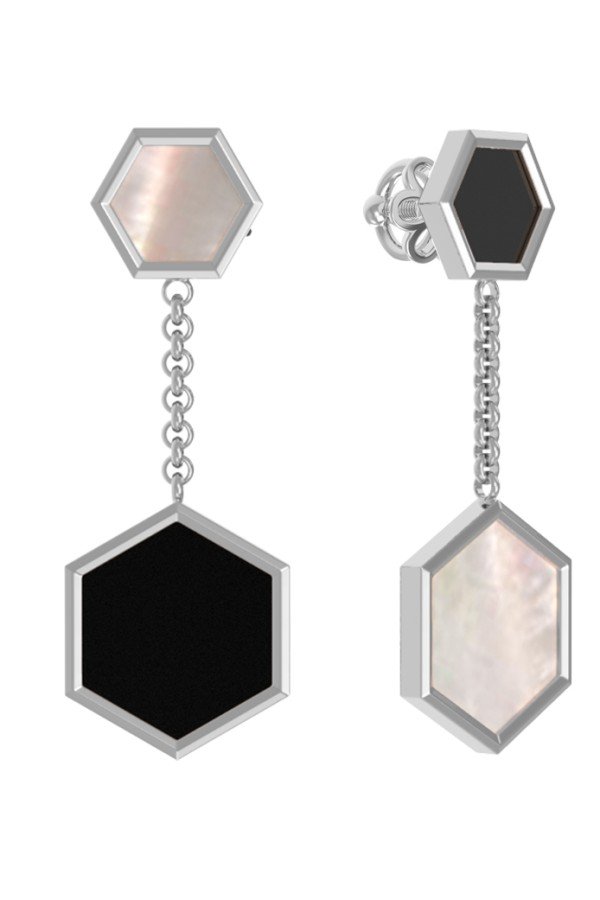 Серьги из белого золота c ониксом и перламутром