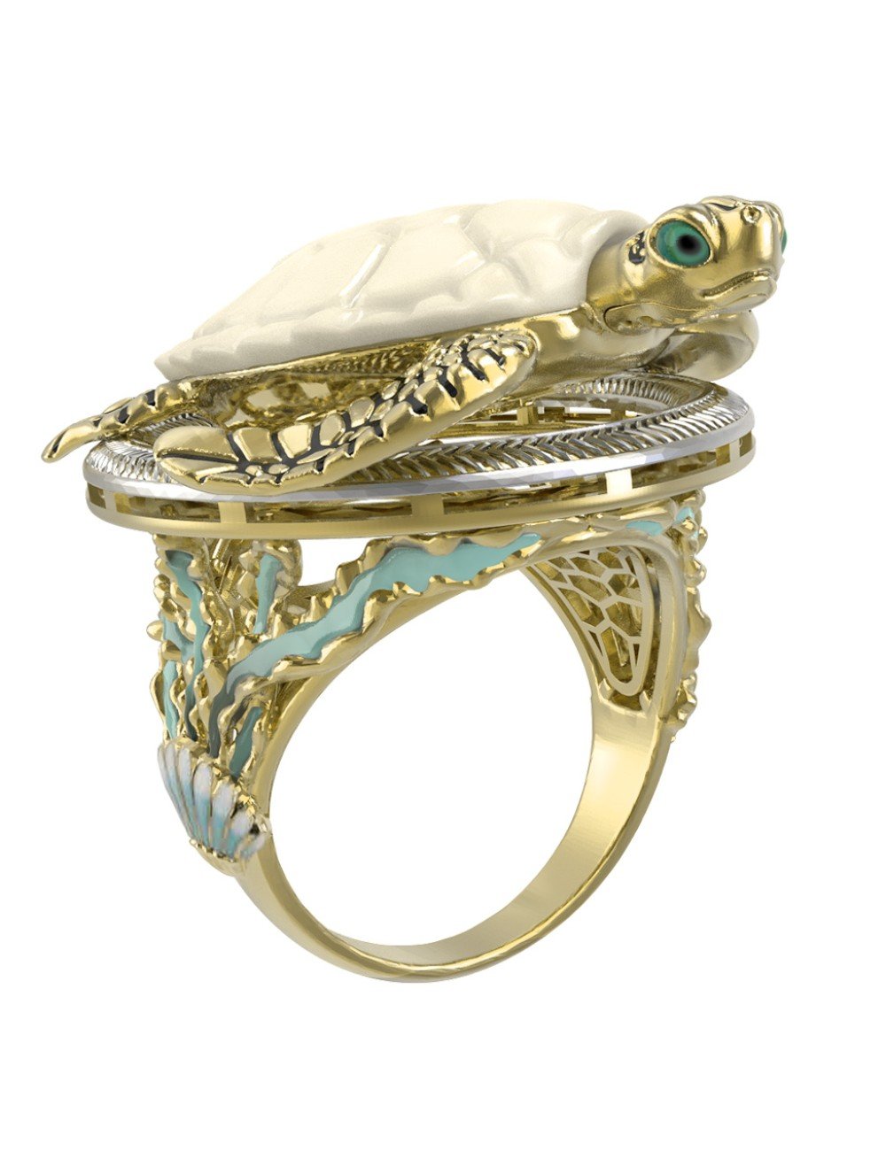 Кольцо из лимонного золота c эмалью и бивнем мамонта