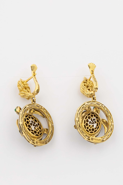 Серьги из лимонного золота 585 пробы c эмалью и железным деревом