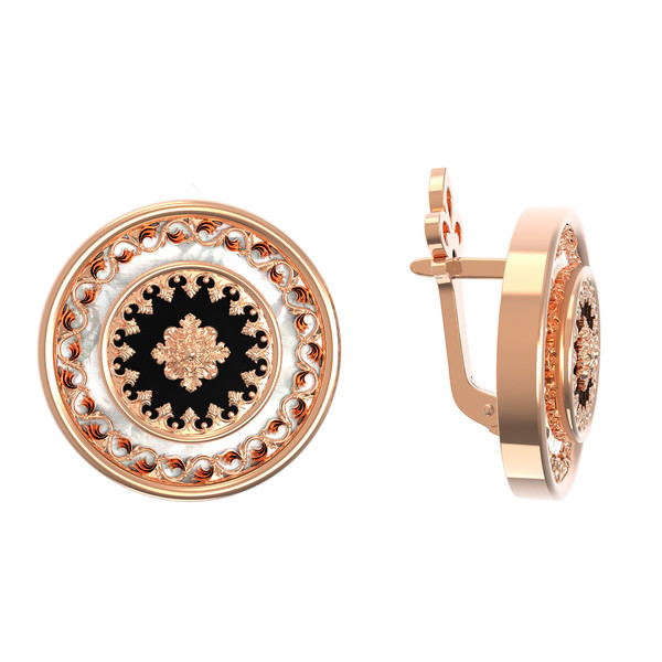 Серьги из красного золота 585 пробы c ониксом и перламутром