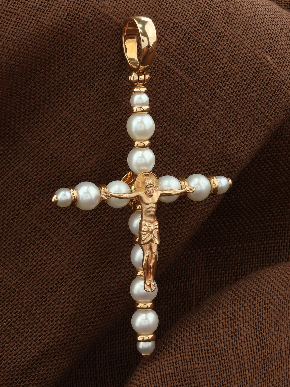 Крест из красного золота 585 пробы c жемчугом