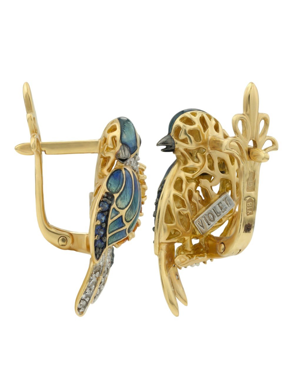 Серьги из лимонного золота c эмалью, фианитом, цитрином и сапфиром