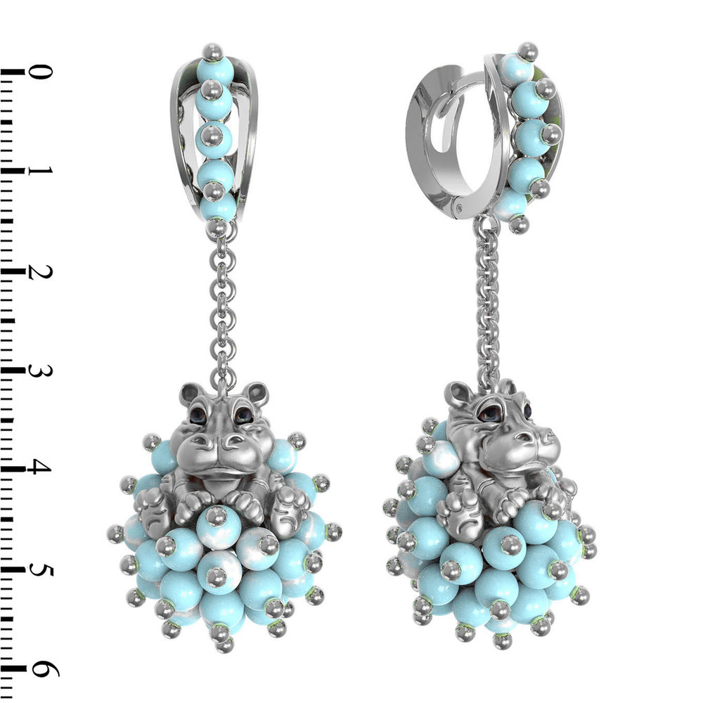 Серьги из белого золота 585 пробы c эмалью и бирюзой