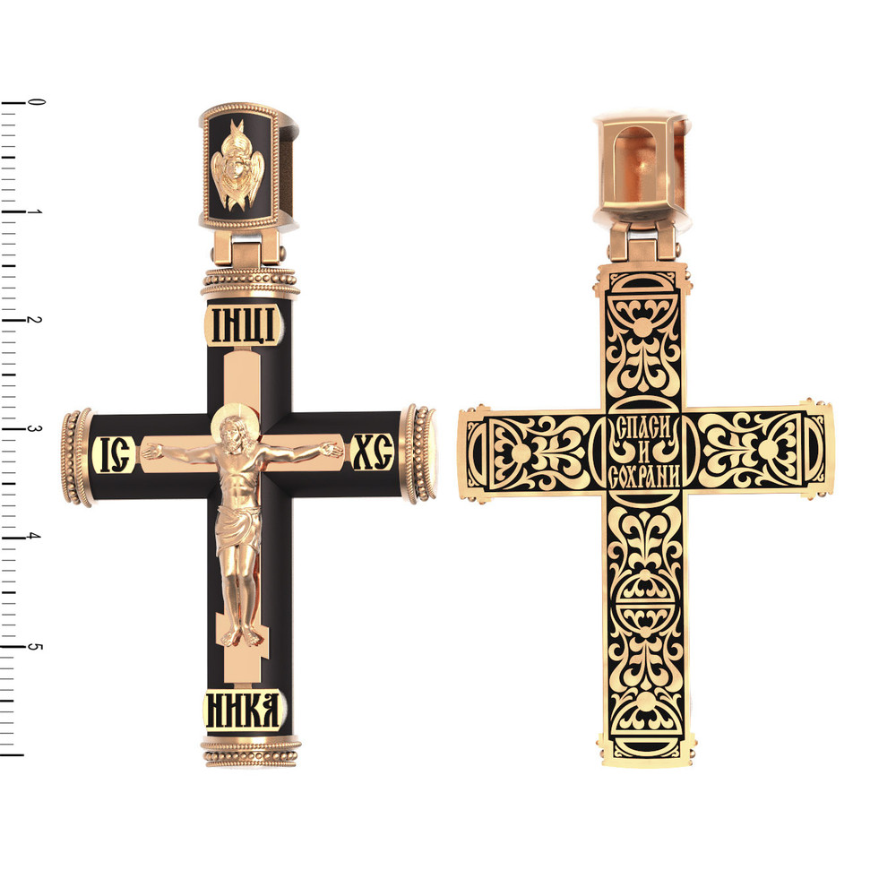 Крест из красного золота 585 пробы c эмалью и эбеновым деревом