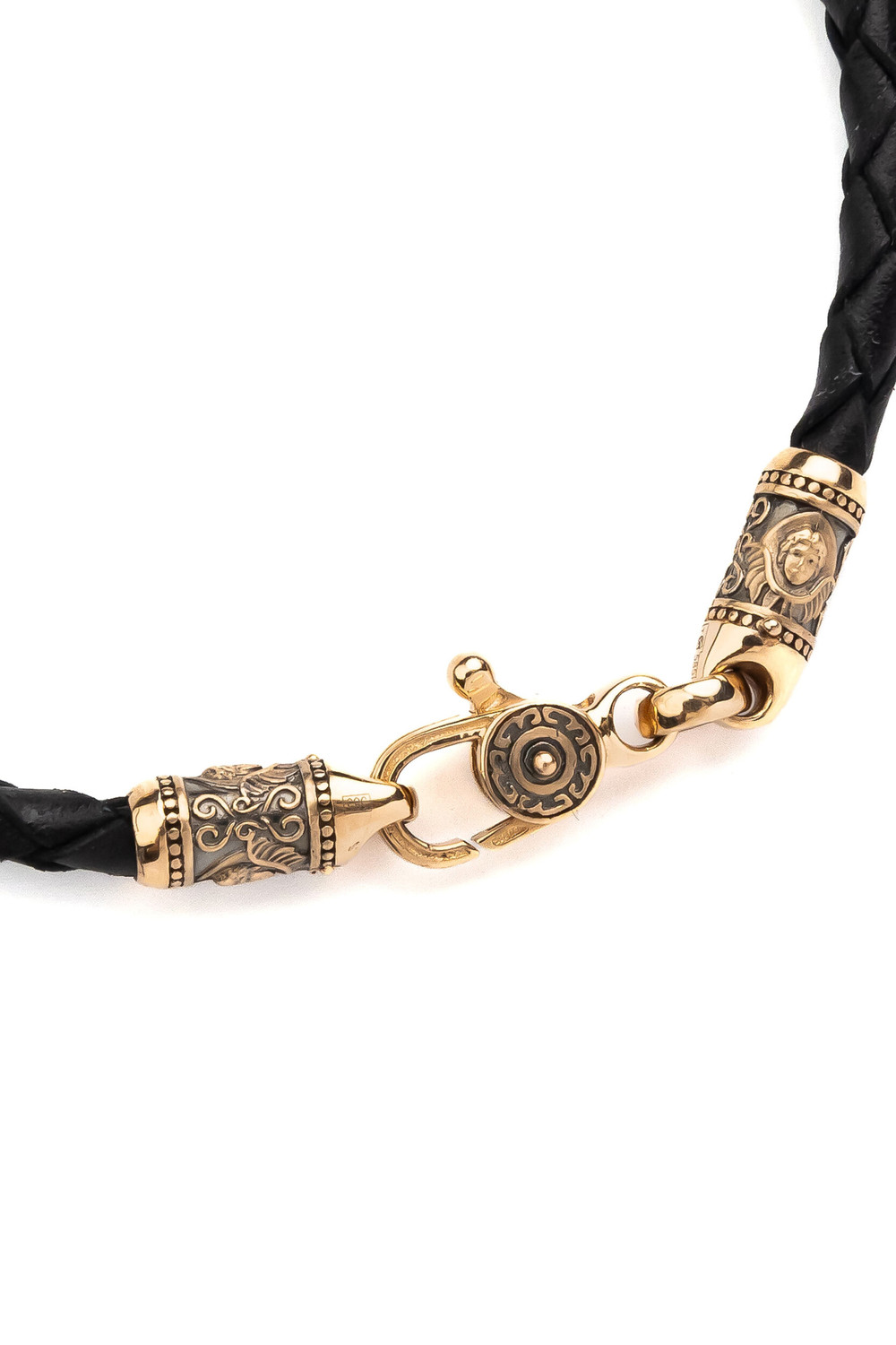 Браслет-шнурок из красного золота 585 пробы c кожаным шнурком и ониксом