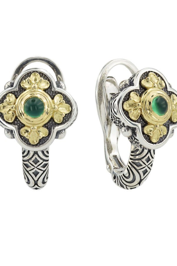 Серьги из серебра и золота c хризопразом и рубином