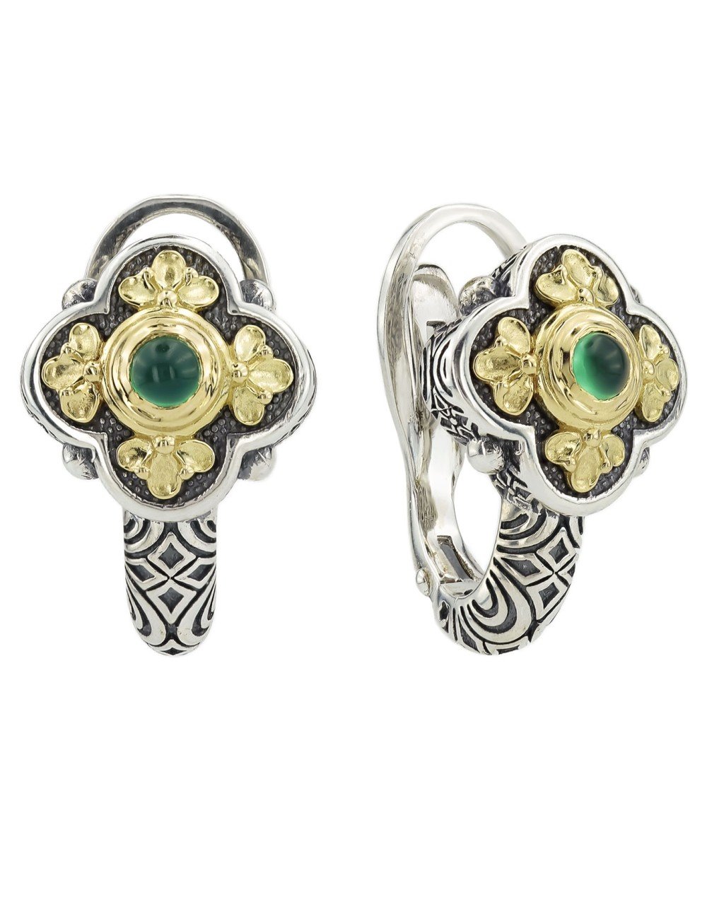 Серьги из серебра и золота c хризопразом и рубином