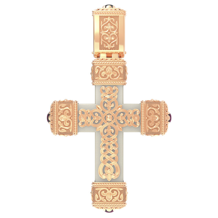 Крест из красного золота 585 пробы c эмалью, рубином и бивнем мамонта