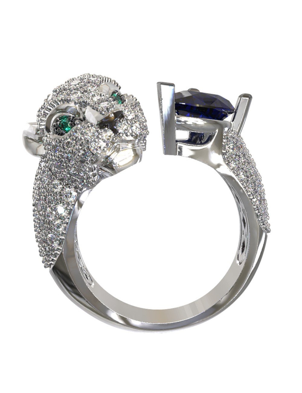 Кольцо из белого золота c бриллиантами, сапфиром и изумрудом