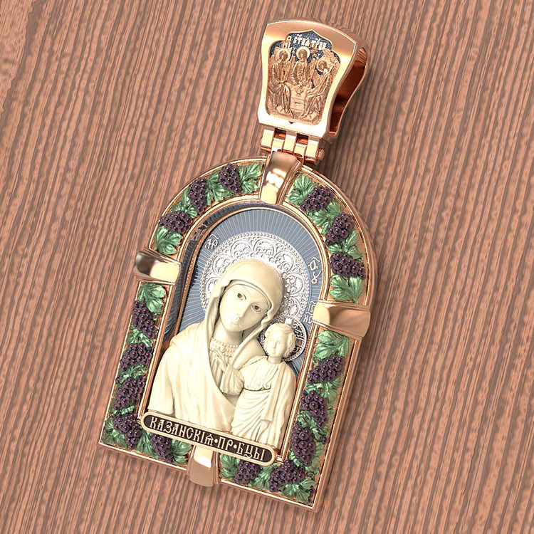 Нательная икона из красного золота 585 пробы c эмалью и бивнем мамонта