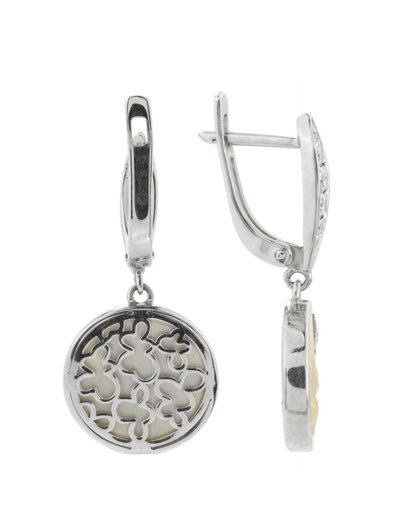 Серьги из белого золота 585 пробы c бриллиантами, ониксом и перламутром