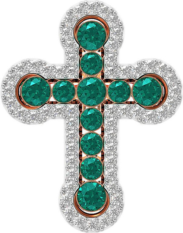 Крест из красного золота 585 пробы c бриллиантами и изумрудом