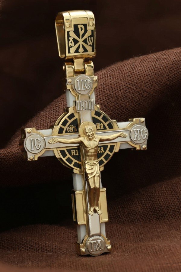 Крест из лимонного золота c эмалью и бивнем мамонта