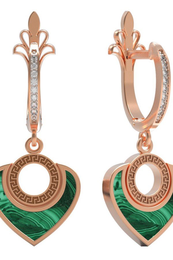 Серьги из золота c фианитом и малахитом