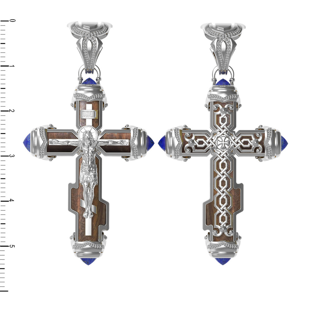 Крест из белого золота 585 пробы c лазуритом и железным деревом