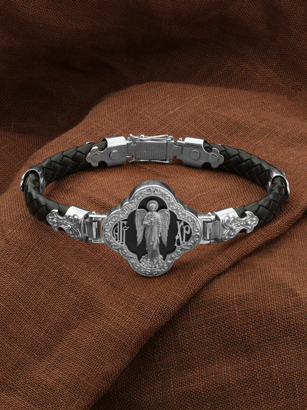 Браслет из белого золота 585 пробы c шнурком и ониксом