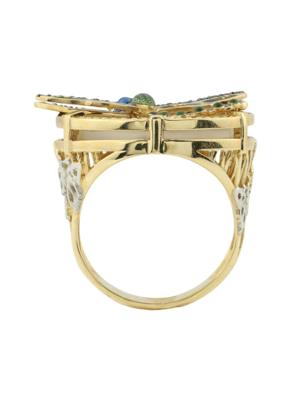 Кольцо из лимонного золота c сапфиром, изумрудом, эмалью и перламутром