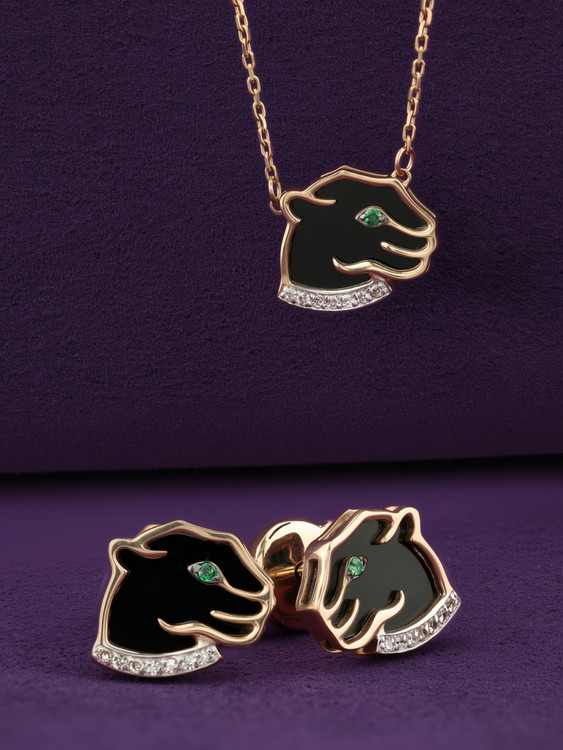 Колье из красного золота 585 пробы c бриллиантами, изумрудом и ониксом