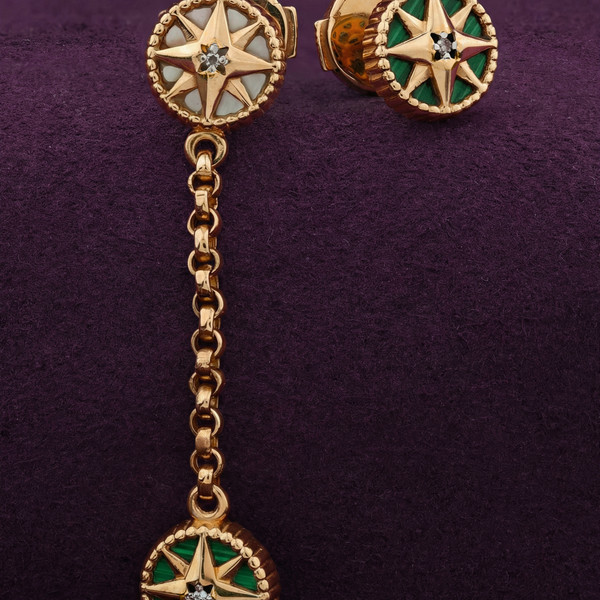 Серьги из красного золота 585 пробы c бриллиантами, малахитом и перламутром