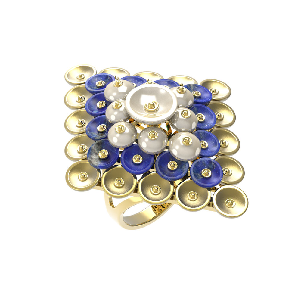 Кольцо из лимонного золота 585 пробы c лазуритом и перламутром