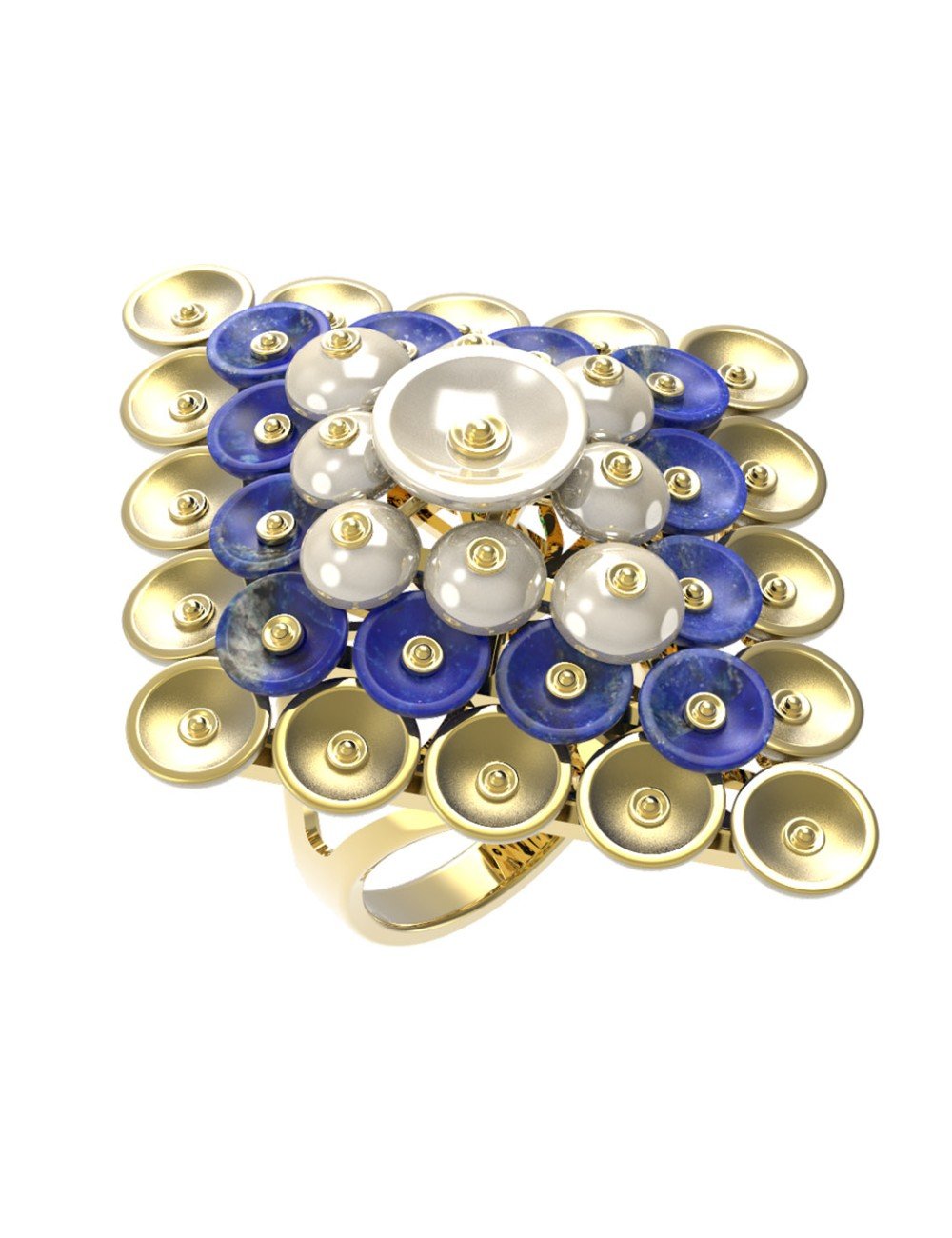 Кольцо из лимонного золота c лазуритом и перламутром