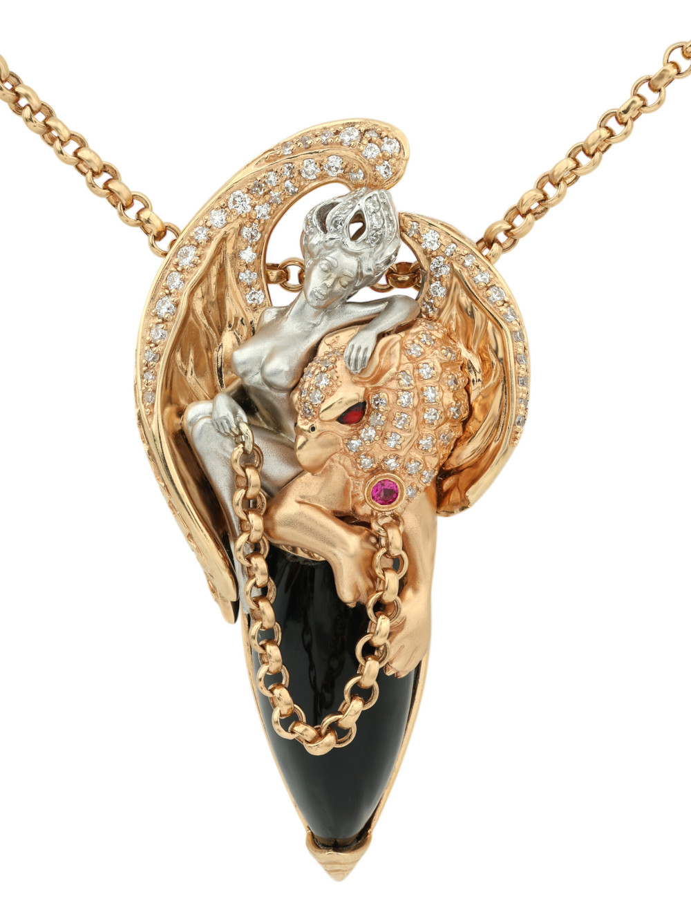 Колье из красного золота 585 пробы c эмалью, бриллиантами, рубином, ониксом и рубином