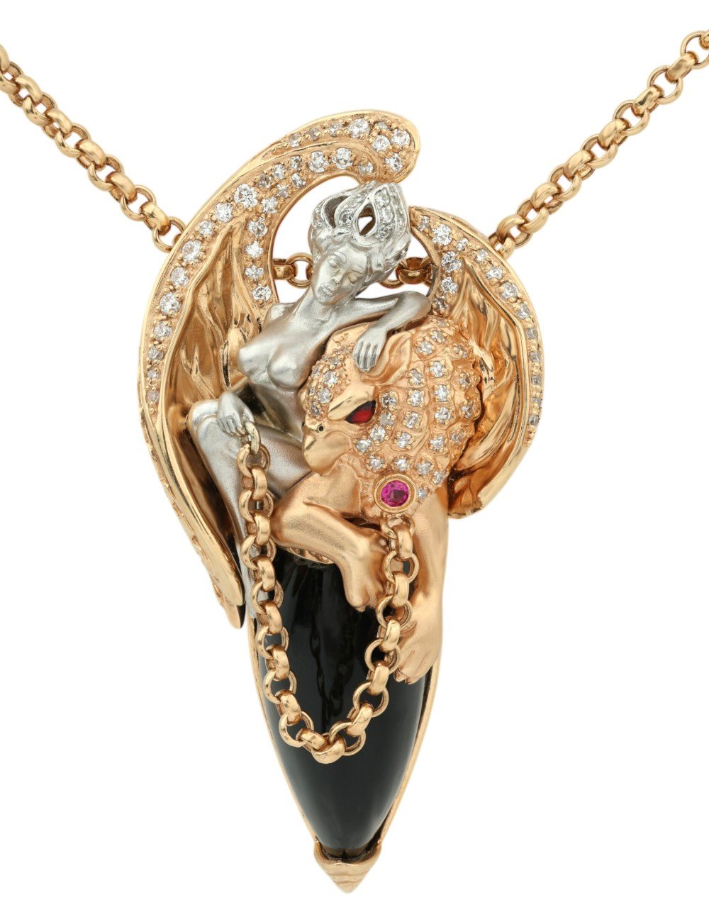 Колье из золота c эмалью, бриллиантами, рубином и ониксом