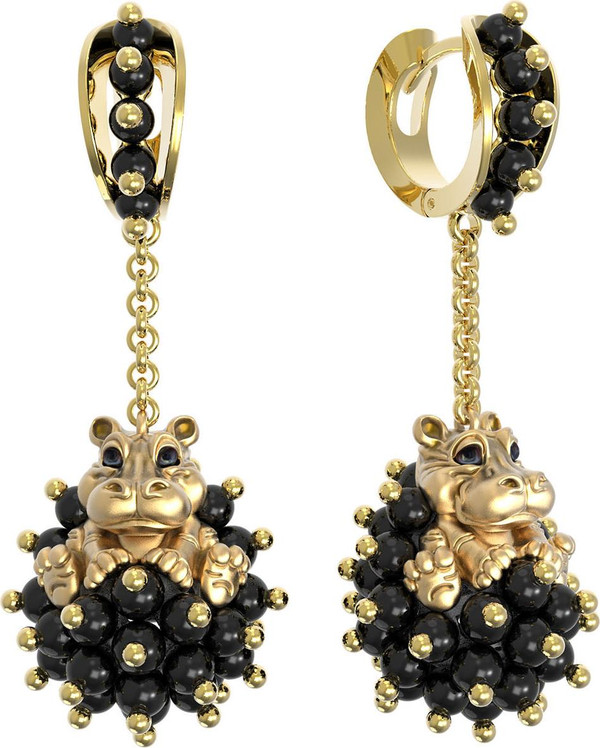 Серьги из лимонного золота 585 пробы c эмалью и ониксом