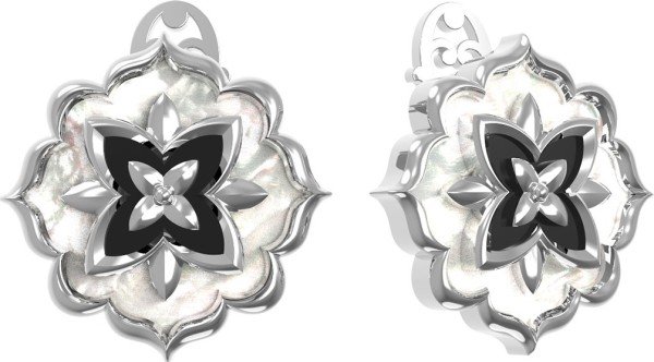 Серьги из белого золота c ониксом и перламутром